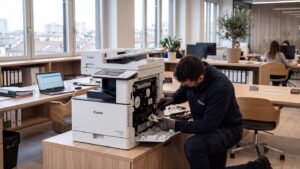 Tecnico certificato Canon interviene su stampante multifunzione in ufficio aziendale della provincia di Siena